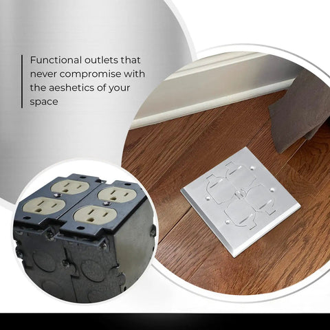 20A Receptacle Floor Box With Flip Lid, Tamper Resistant Electrical Outlet, Nickel Plated Brass Cover on wooden floor