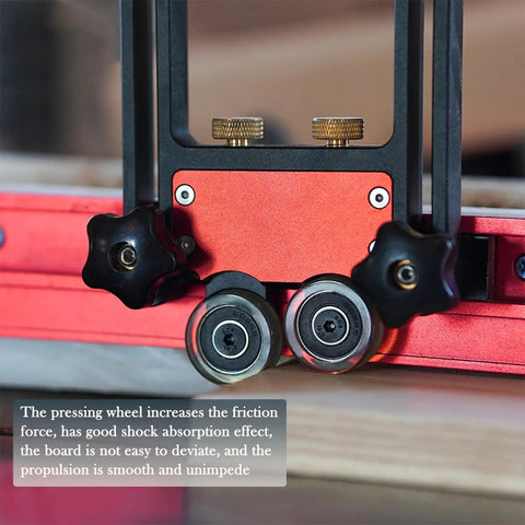 Close-up of 2Pcs Table Saw Feather Board With Dual Bearing Rollers And Adjustable Safety Push Block for precise wood cutting.