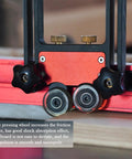 Boss Level Table Saw Feeder Jigs Built From Premium Anodized Aluminum With Silent Dual Bearing Rollers, close-up view of rollers and adjustment knobs.