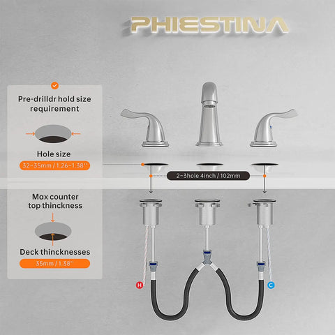 8 Inch Widespread Bathroom Faucet For 3 Hole Sink In Brushed Nickel With Metal Pop Up Drain And Water Supply Lines diagram
