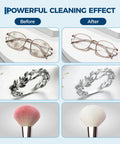 Before and after cleaning with Beefy 40kHz Ultrasonic Cleaner, showing glasses, jewelry, and brushes in stainless steel tank.