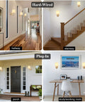 Set of Two Plug in Wall Sconces with On Off Switch Modern Gold Fabric Shade Wall Lamps in various room setups
