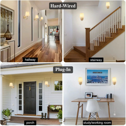 Set of Two Plug in Wall Sconces with On Off Switch Modern Gold Fabric Shade Wall Lamps in various room setups