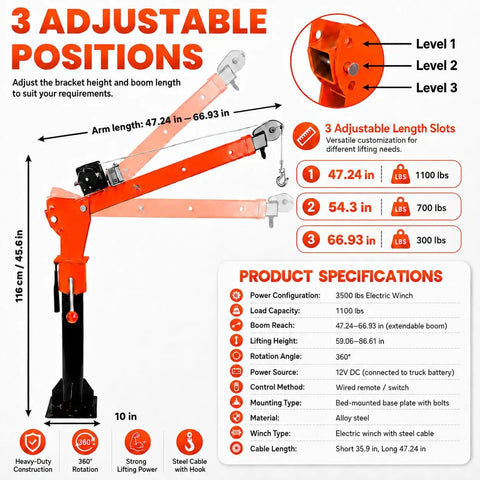 Foldable Electric Pickup Truck Crane With 3500 Pound Load Rating And Rock Solid Alloy Steel Build adjustable lift arm lengths and specs info