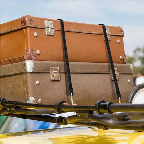 Heavy Duty 6 Inch Rubber Cords With Hooks securing luggage on roof rack, 10 pack bungee straps for trucks and cargo