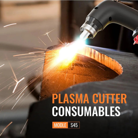 S45 Plasma Cutter Accessory Kit 9 Piece Plasma Cutting Torch Consumables Set in use cutting metal with sparks visible.