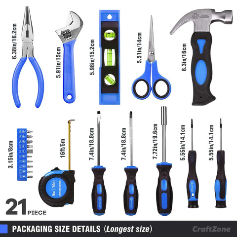 21-Piece Basic Household Tool Kit For Easy Grab-and-Go DIY Fixes, Portable Home Repair Set With Pouch, tools displayed