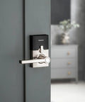 Keypad Keyless Entry Electronic Lever Lock With 12 User Codes And One Time Codes, Satin Nickel Finish on a modern door.