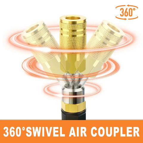 360-degree swivel air coupler demonstration with orange 360° graphics and text overlay