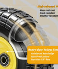 Close-up of 13 Inch No Flat Ever 4.00 By 6 Tire And Wheel Replacement with reinforced yellow steel hub and high-rebound PU tread.
