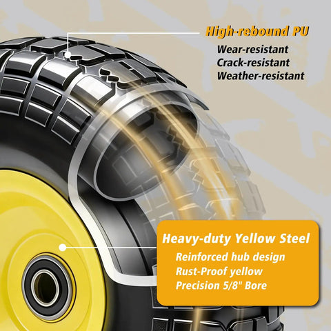 Close-up of 13 Inch No Flat Ever 4.00 By 6 Tire And Wheel Replacement with reinforced yellow steel hub and high-rebound PU tread.