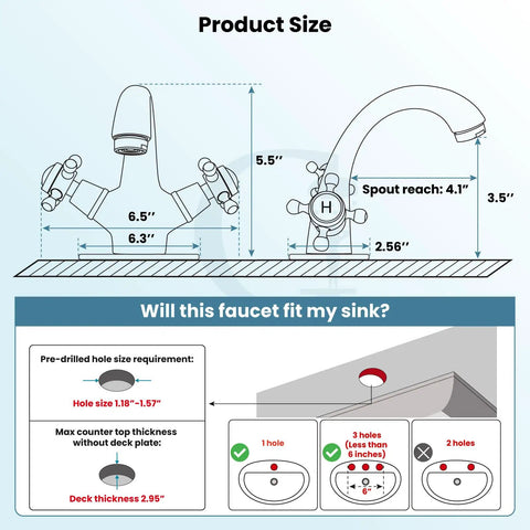 Diagram of Old School Oil Rubbed Bronze Bathroom Sink Faucet With Single Hole, Double Cross Handles showing dimensions and sink fit guide