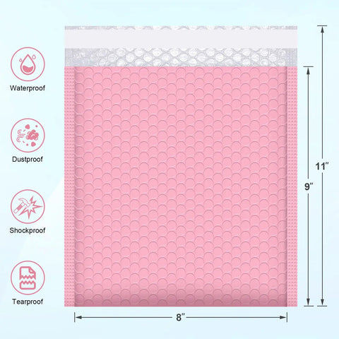 8x10 Light Pink Bubble Mailers Padded Envelopes Self Sealing Shipping Bags 25 Pack, showing dimensions and protection features