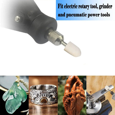Pro Grade Wool Felt Polishing Bits Set for Rotary Tools Cone Shape Buffing Points With 3/32 Inch Shank in use on various surfaces