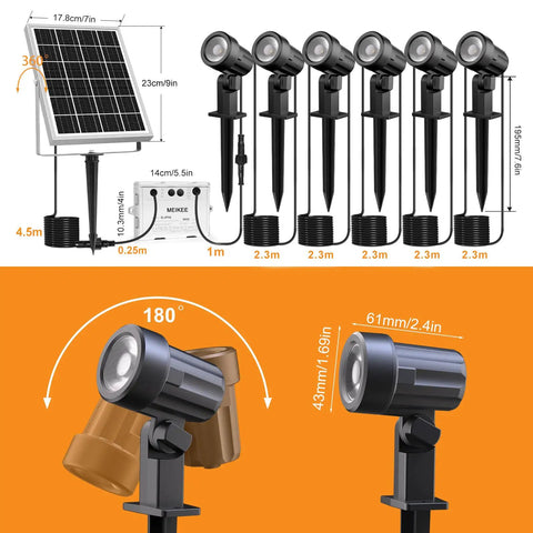 Six In One Solar Outdoor Spotlights With 6W 6V Panel IP66 Waterproof Landscape Lights and dimensions displayed