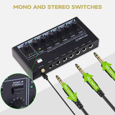 Six Channel Portable Mini Audio Mixer With 6.35mm To 3.5mm Adapters Stereo Mono Switch And 5V DC Power for various inputs