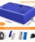 Portable Water Storage Bladder Tank 90 Gallons Large Capacity Blue Water Container with dimensions and accessories shown
