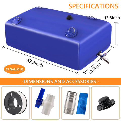 Portable Water Storage Bladder Tank 90 Gallons Large Capacity Blue Water Container with dimensions and accessories shown