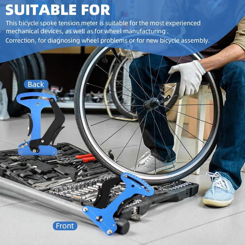 Dead On Bicycle Spoke Tension Meter For Road And City Bikes Heavy Duty Premium Aluminum Tensiometer in use with a bicycle wheel.