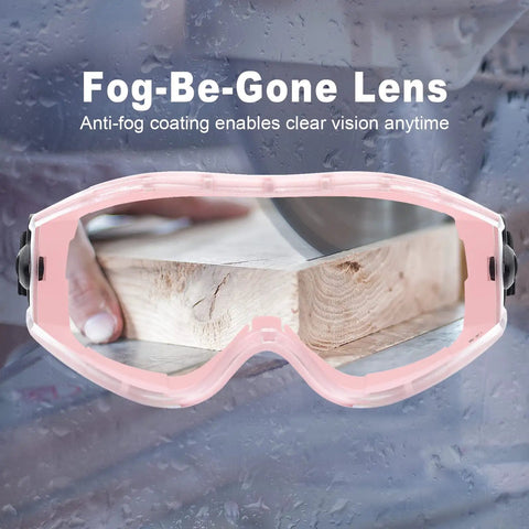 Over Glasses Safety Goggles With Anti Fog Clear Lens, ANSI Z87.1 Eye Protection For Lab Work And Industrial Use, pink goggles over wood