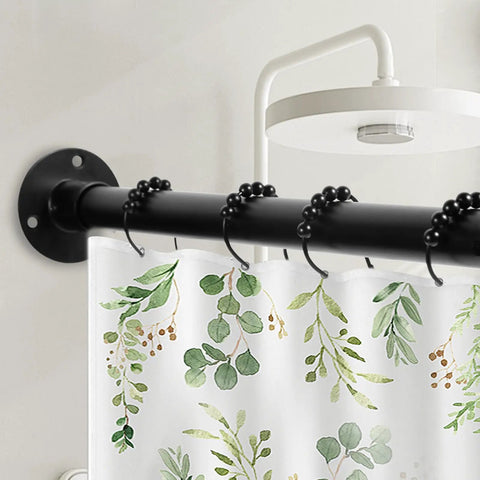 Rock Solid Black Corner Shower Curtain Rod, Adjustable 24 To 53 Inches, L Shaped 90 Degree With Ceiling Support, Includes 12 Ring Hooks, No Slip Installation For A Strong Bathroom Upgrade. Black L-shaped shower rod with ring hooks and curtain