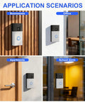 No Drill Doorbell Mount With Heavy Duty Adhesive Tape For Battery Powered Smart Video Doorbells installed on various doors in different settings.