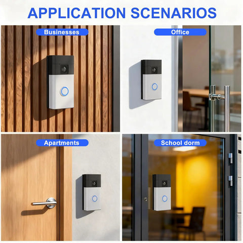 No Drill Doorbell Mount With Heavy Duty Adhesive Tape For Battery Powered Smart Video Doorbells installed on various doors in different settings.