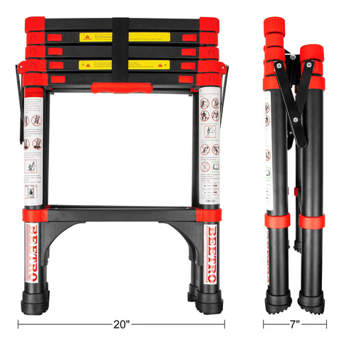 5-Foot Aluminum Telescoping A-Frame Ladder folded view, compact 20x7 inches, non-slip cap, lightweight for home, garage, and work