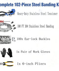 Complete 102-piece steel banding kit with Heavy Duty Steel Strapping Kit Three Quarter Inch By One Hundred Foot S304 Stainless Coil With Manual Ratchet Tensioner And Cutter Plus One Hundred Ear Lock Buckles A Real Workhorse For Pallets Pipes And Bundling.