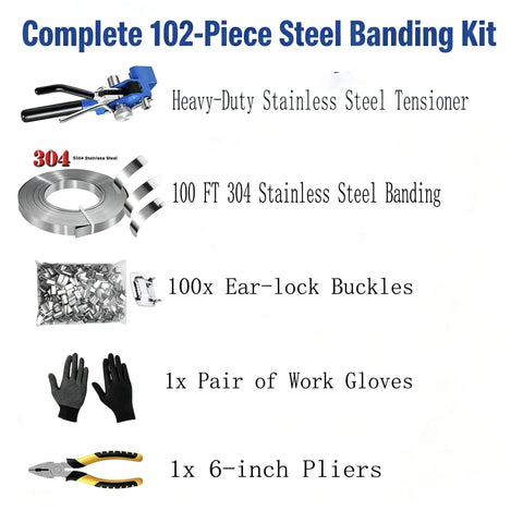 Complete 102-piece steel banding kit with Heavy Duty Steel Strapping Kit Three Quarter Inch By One Hundred Foot S304 Stainless Coil With Manual Ratchet Tensioner And Cutter Plus One Hundred Ear Lock Buckles A Real Workhorse For Pallets Pipes And Bundling.