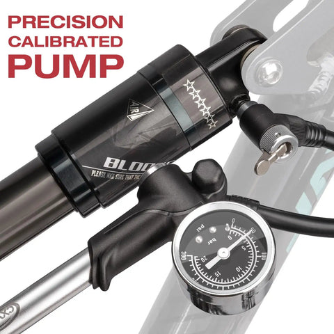 Close-up of High Pressure Mountain Bike Shock Pump With Gauge For 300 PSI Front Fork And Rear Suspension No Loss Air Pump