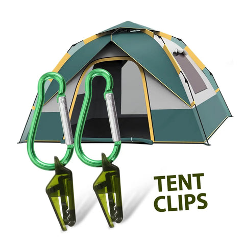 Heavy Duty Tarp Clips And Tent Clamps Weatherproof Plastic shown with a green camping tent for secure fastening and quick setup