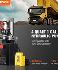VEVOR hydraulic pump unit with yellow handheld control for dump trailer; 4-quart/1-gallon, 12V DC, 3200 psi
