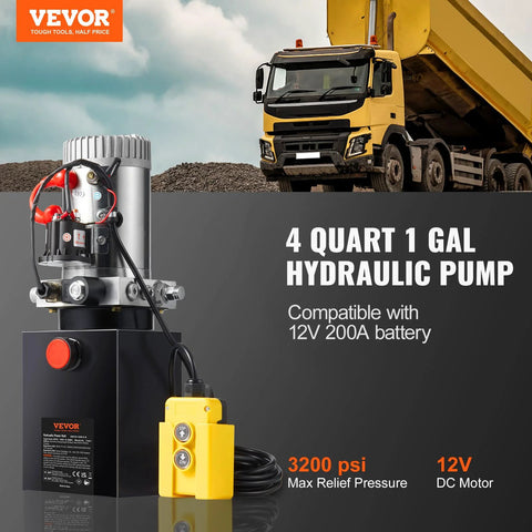 VEVOR hydraulic pump unit with yellow handheld control for dump trailer; 4-quart/1-gallon, 12V DC, 3200 psi