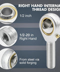 Set Of 4 POSB8 Rod End Bearings With Jam Nuts, 1/2 Inch Bore, 1/2-20 Right Hand Thread, Male Joint, Self Lubricating, Ideal For Racing, Off Road And Industrial Equipment, Heavy Duty Linkage, steel rod end with 1/2-20 right hand thread