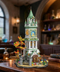 Epic Clock Tower Building Set With Light 1566 Pieces Mega Medieval Castle Kit with lit LED glow displayed on wooden table indoors