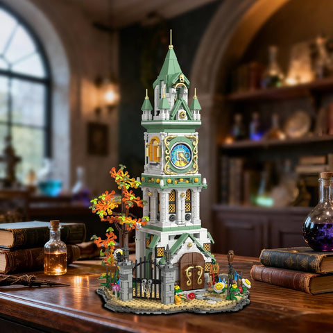Epic Clock Tower Building Set With Light 1566 Pieces Mega Medieval Castle Kit with lit LED glow displayed on wooden table indoors