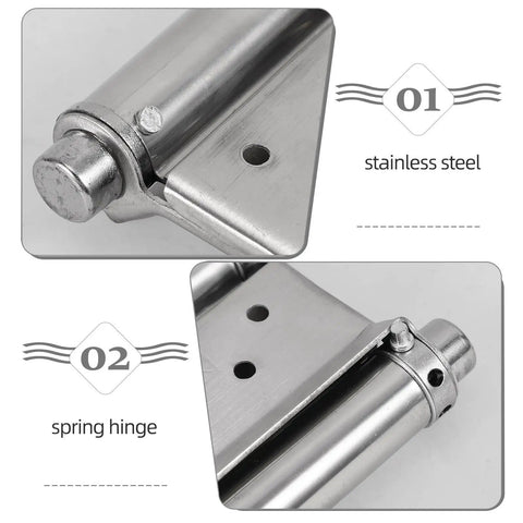 Close-up of Stainless Steel Beefy Double Spring Self Closing Door Hinges 2 Pack With Automatic Closing Versatile Exterior Door And Fence Hardware
