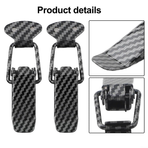 Set Of 2 Carbon Fiber Style Bumper Lock Clips With Quick Release Hooks shown in detail from various angles.