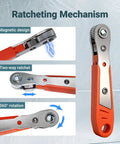 86-Piece Magnetic Impact Nut Driver Set with SAE and Metric Bits showing two-way ratchet with magnetic design and 360° rotation.