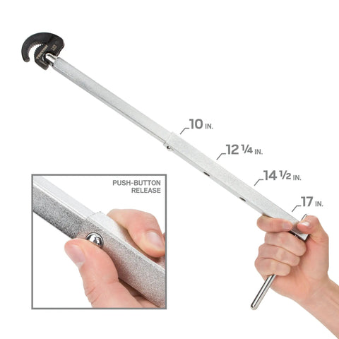 Telescoping Basin Wrench Ten To Seventeen Inch Long Reach, Reaches One Hundred Eighty Degree Pivot, shown extended with handle grip