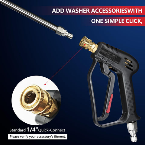 High Flow Pressure Washer Gun With Swivel For 4000 PSI Power Washing, M22 14mm/15mm And 3/8 QC Inlet, 1/4 Quick Connect For Foam Cannon