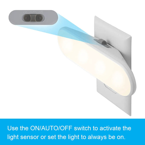 Ultrabrite Plug In LED Night Light Bar With On Off Auto Switch 100 Lumen Soft White Lighting 2 Pack shown plugged into outlet