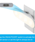 Plug In LED Night Light Bar With On Off Auto Switch, 100 Lumen Soft White Glow, illustrates ON/AUTO/OFF switch, Model 62459