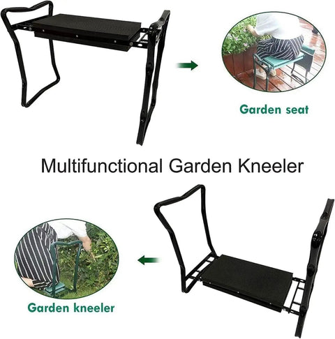 Foldable Garden Kneeler Seat 2 In 1 with EVA Foam Kneeling Pad and Tool Bag in garden seat and kneeler positions