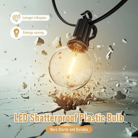 Outdoor String Lights 35 Ft Globe LED Bulbs Shatterproof Waterproof Patio Lights Connectable featuring shatterproof bulb over cracked surface