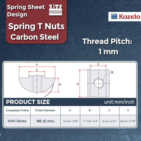 Heavy Hitter Roll In Spring T Nuts 30 Pack M6 Thread dimensions and specifications for 4040 aluminum frame hardware.
