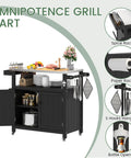 Weatherproof HIPS Outdoor Kitchen Island With Stainless Steel Top And Storage Cabinet Movable Prep Table With Wheels For BBQ And Outdoor Grilling Parties Black featuring spice rack and open cabinet doors.
