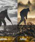 Comparison of soil before and after using 27 Inch Metal Roller Compost Spreader for Lawn and Garden with Adjustable Handle in gray.