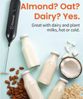 Rechargeable Milk Frother Wand USB-C Handheld Drink Mixer for Home Barista Vibes next to milk bottles and coconut.